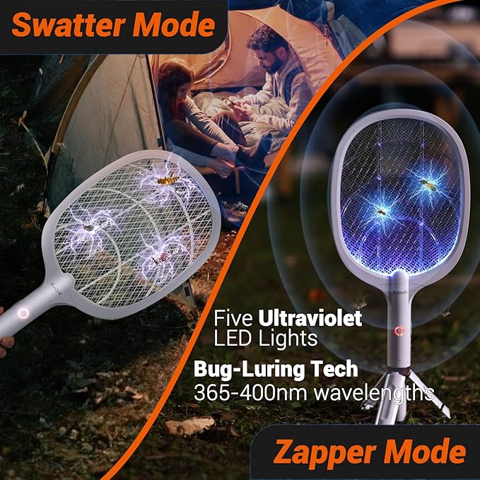 Electric Fly Swatter Racket, Rechargeable Fly Zapper - 4000 Volt, Exclusive 2-in-1 Bug Zapper Racket - USB Charging, 1800mAh Li-Battery, Indoor & Outdoor Use, White