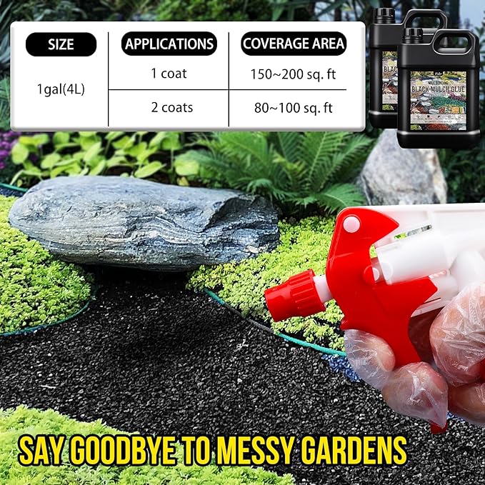 Mulch Glue - 1 Gallon / 128oz Black Color Mulch Dye & Landscape Adhesive with Applicator for Landscaping, Garden, Gravel, Rock - Safe Ready to Use Gravel Binder Mulch Lock Glue for Leaf, Stone, Bark