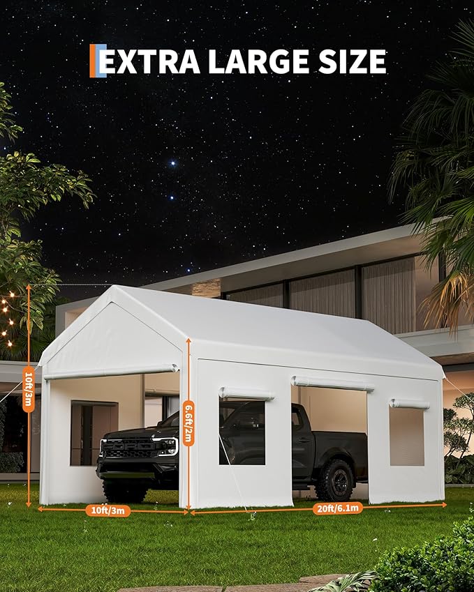 Garvee 10x20 Carport Canopy, Heavy Duty Car Port with Waterproof Tarp, Roll-Up Windows & Doors, Outdoor Portable Garage with Removable Sidewalls, for Car, Boat, Truck, Motorcycle, White