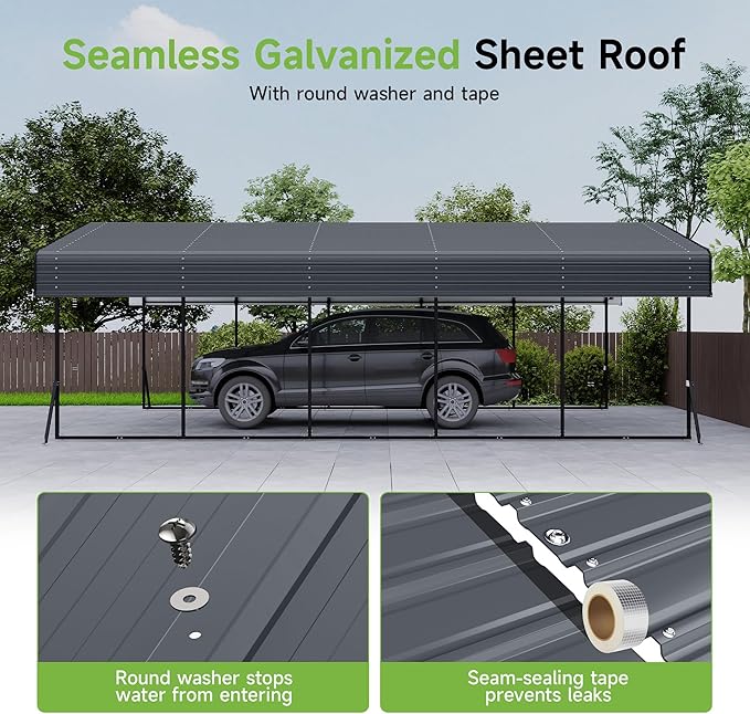 Real Relax 13' x 26' Metal Carport, Heavy Duty Carport with Galvanized Steel Roof with Metal Frame, Extra Long Outdoor Garage Car Shelter Shade for SUV Trucks and Boats, Gray