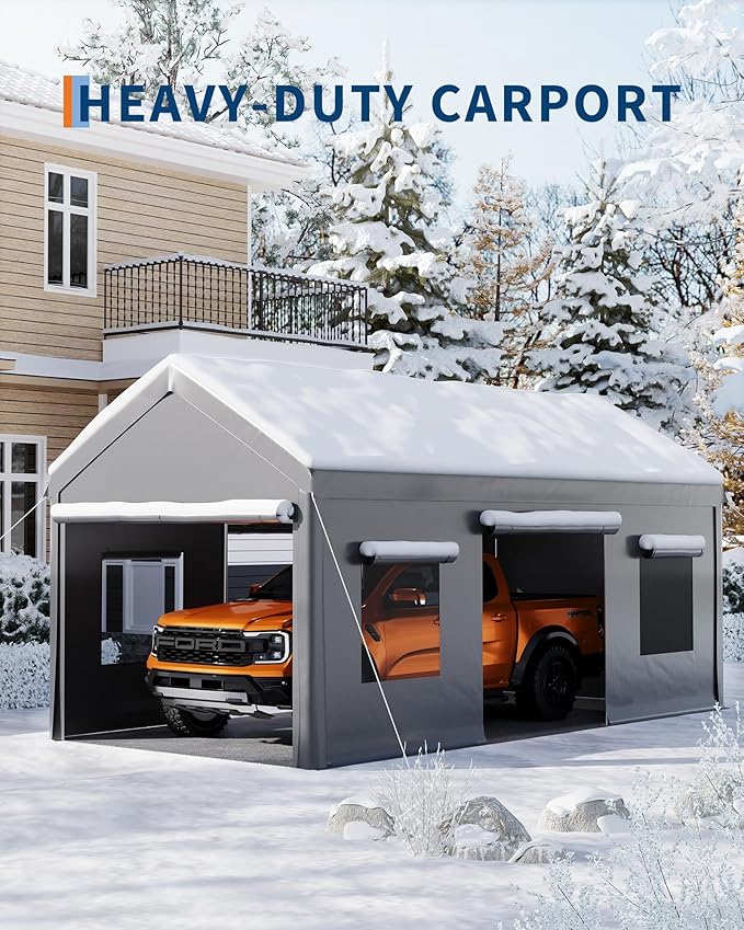 10x20ft Heavy Duty Carport with PE Fabric and Galvanized Steel Frame,Portable Garage with Roll-Up Doors and 4 Windows,Car Canopy with All-Season Tarp for Car, Truck, Boat.