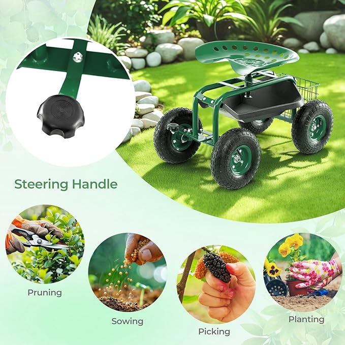 S AFSTAR Rolling Garden Cart, Wagon Scooter with 360° Swivel Seat, Storage Tray, Basket & Rubber Wheels, Heavy-Duty Gardening Tool Cart for Weeding, Patio & Yard (Green)