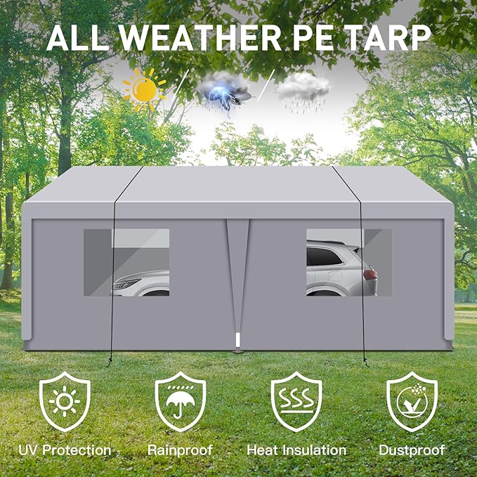 Carport 10x20 Ft Heavy Dut Car Port Canopy, Portable Garage Shelter Car Tents Carpas para Carros All Weather for Automobiles Truck Boat (Light Gray)