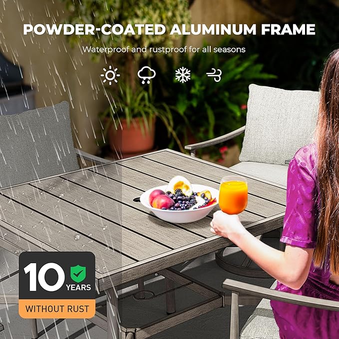 HAPPATIO 5-Piece Outdoor Dining Set for 4, Aluminum Patio Dining Set Includes 1 Large Square Table with Umbrella Hole, 2 Swivel Dining Chairs, and 2 Dining Chairs, for Lawn, Porch, Backyard (Grey)