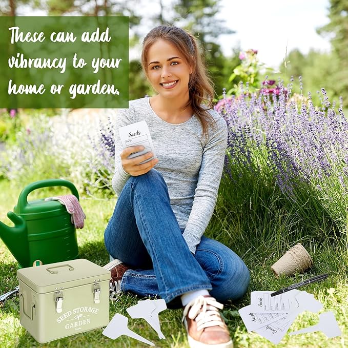 Maitys Seed Storage Container Box with Lid Garden Seed Packet Storage Organizer Decorative with Dividers and 100 Plant Labels 50 Seeding Envelopes 2 Marker Pens(Classic,8.7 x 5.9 x 6.3)