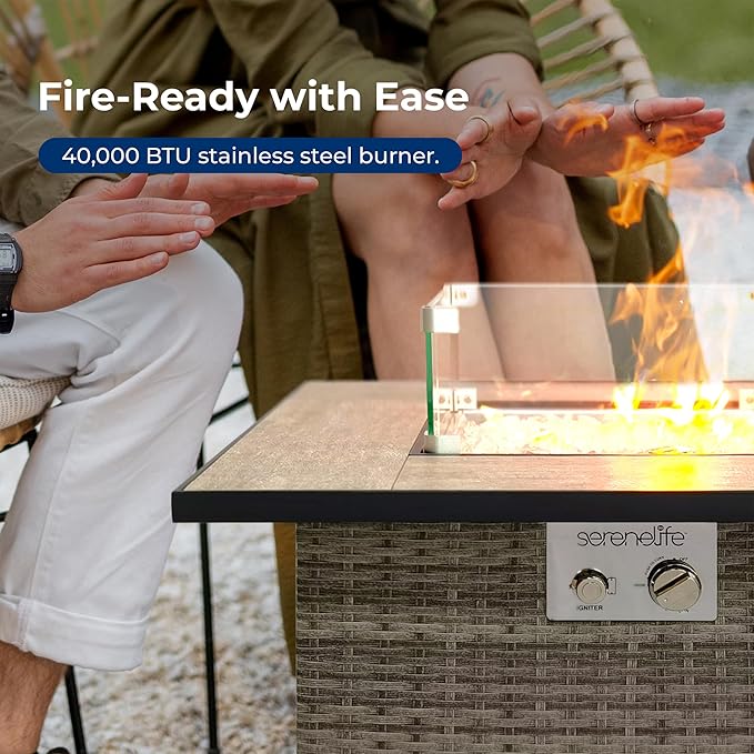 SereneLife Outdoor Propane Fire Pit Table 50,000 BTU CSA ETL Certified Square Wicker Gas Fire Table with Tile Top, Adjustable Flame, Decorative Glass Rocks, Weather-Resistant for Patio or Backyard