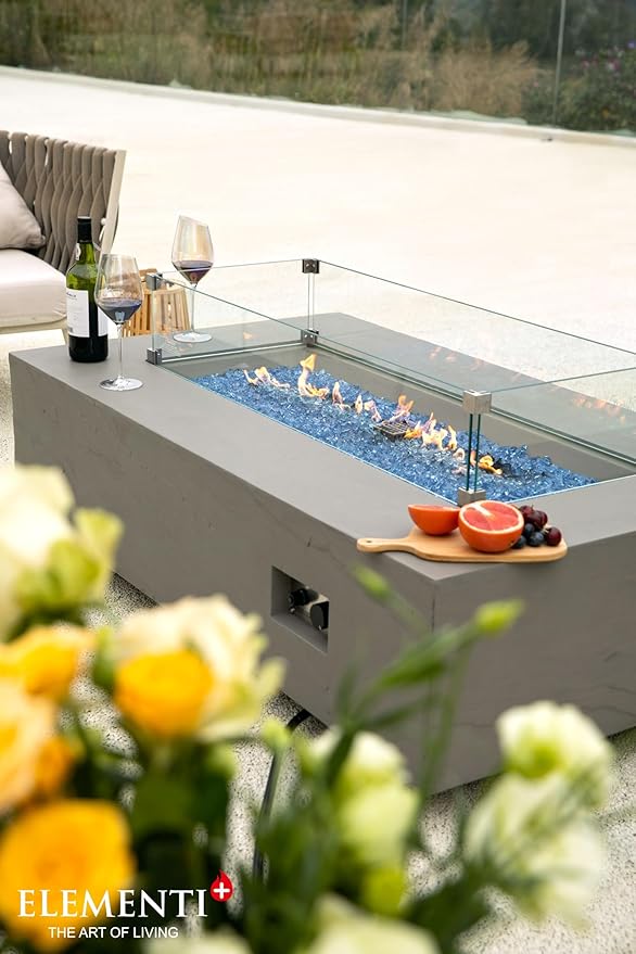 Elementi+ | Meteora Gas Fire Pit Cast Concrete 56" Rectangular Fire Table, Outdoor Fire Pit Electronic Ignition | Canvas Cover, Fire Glass and Burner Lid Included | Light Gray | Natural Gas