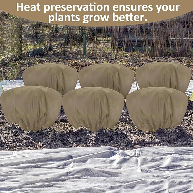 6 Pcs Winter Plant Covers Freeze Protection 39.4x23.6 Inch Horizontal Shrub Tree Rose Plant Protection Bags Frost Blanket with Drawstring for Fall Winter Outdoor Garden Planting (Brown)