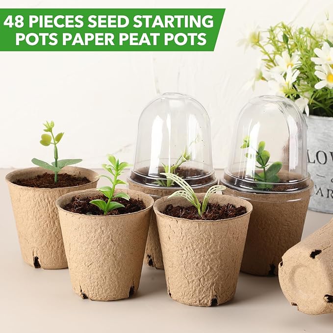 48 Pcs 3. 2 Inch Nursery Pots with Humidity Dome, Plant Seeding Starter Peat Pots for Planting, Flower Germination, Herbs and Vegetable Saplings, Indoor Outdoor Use