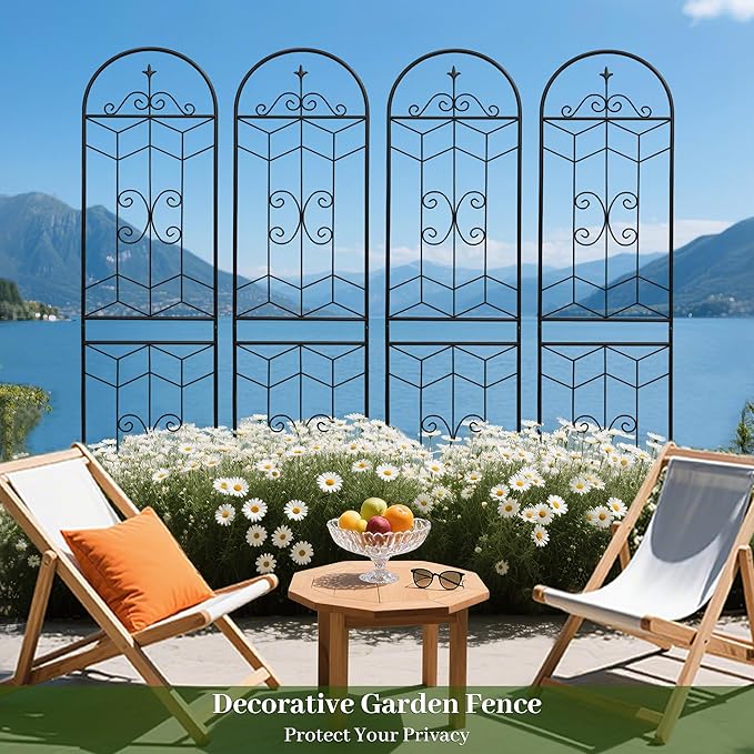 4 Pack Metal Garden Trellis 86.7" Tall Outdoor Climbing Plant Support for Roses, Flowers, Rustproof Durable Black Galvanized Tube, Lawn Garden Fence Decor Screen (4, Castle-86.7" H)
