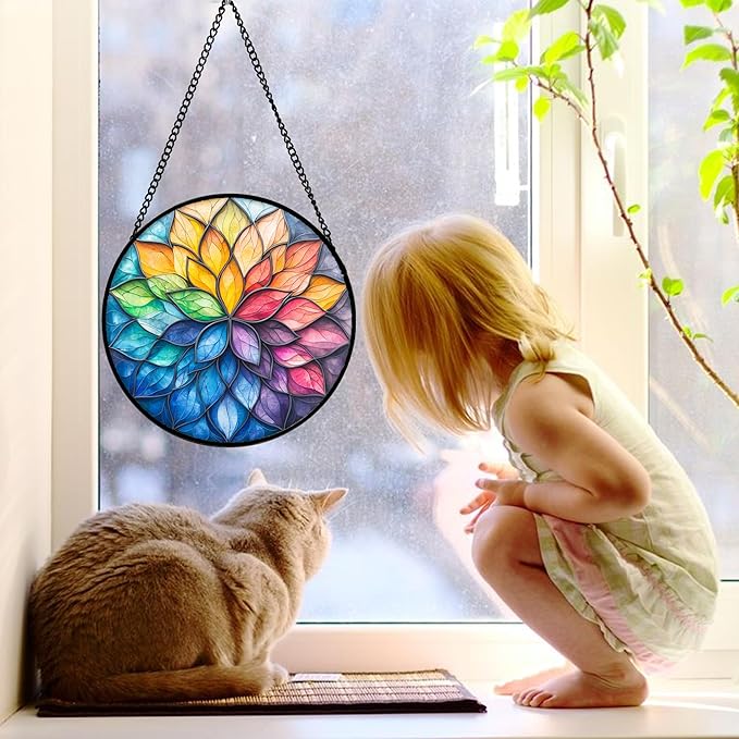 Stained Glass Window Hanging, Colorful Flower Petals Sun Catchers Diamond Glass Panel Hangings Suncatcher Decor for Birthday for Women, Men, Wife, Aunt, and Mom 11.8x11.8 in