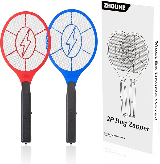ZhouHe Pack of 2 Electric Fly Swatter Bug Zapper Battery Operated Flies Killer Indoor & Outdoor Pest Control Mosquito Zapper and Insect Catcher Racket(red&Blue)