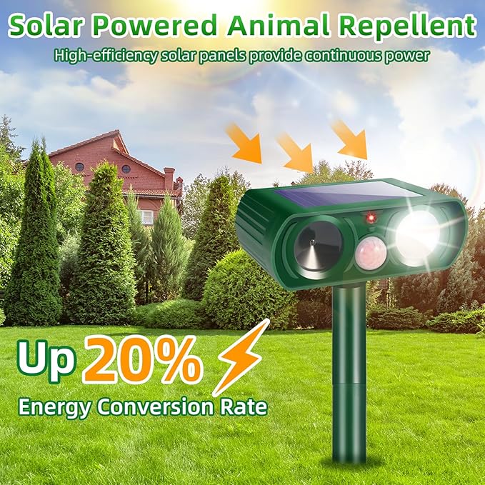 4 Pack Squirrel Fortress Pro Solar Animal Repellent Ultrasonic Outdoor, Deer Repellent Devices with Motion Sensor & Flash Lights, Waterproof Raccoon Cat Dog Skunk Rabbit Deterrent for Yard Farm