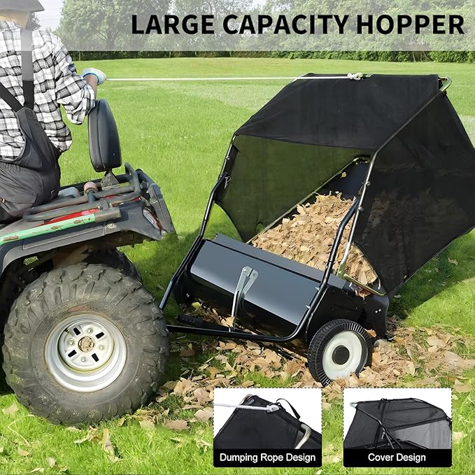 Tow Behind Lawn Sweeper, 44 in Pull Behind Lawn Sweeper, 25 cu. ft Large Capacity Leaf & Grass Collector, Heavy Duty Garden Sweepers with Adjustable Sweeping Height for Yard, Lawns, Farm