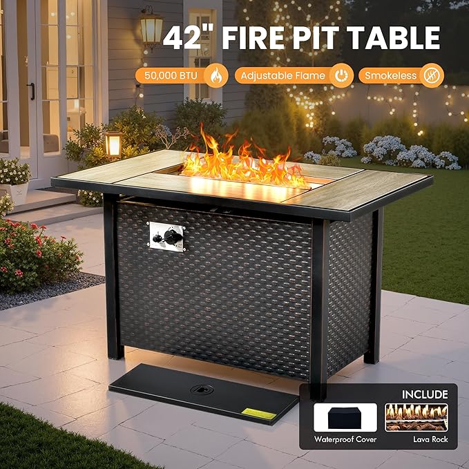 Outdoor Sectional Patio Furniture Set with Fire Pit Table and Glowing Table,8 Pieces Wicker Conversation Sets L Shaped Couch Out Door Sofa Set Outside Furniture for Garden Deck Yard,Beige