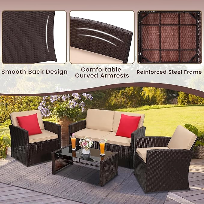 4 Pieces Patio Conversation Set, Outside Rattan Sectional Sofa, Cushioned Furniture Set, Wicker Sofa Ideal for Garden, Porch, Backyard, Brown Color Rattan and Beige Cushion
