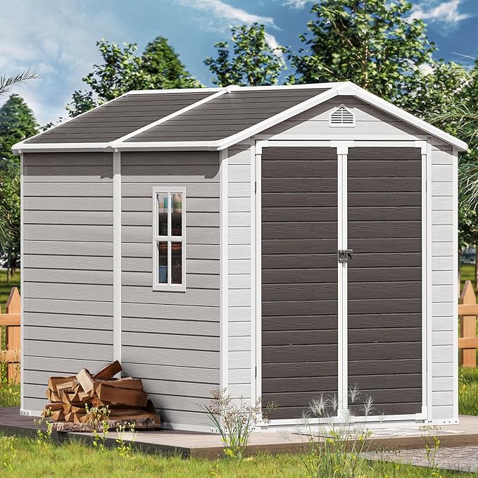 Plastic Sheds 6x8 Shed Resin Outdoor Storage with Floor Included, Waterproof Lockable Garden Tool Storage Cabinet