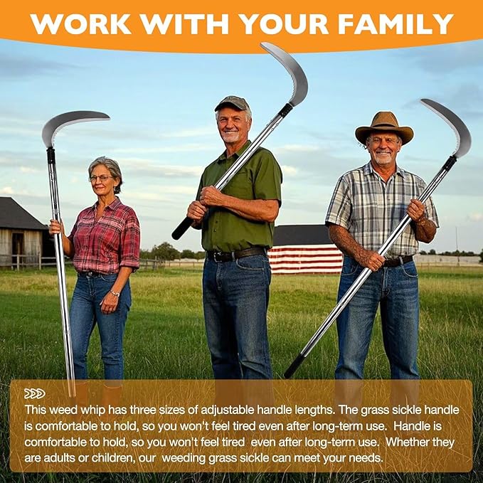 Long Handle Weeding Sickle, Sickle Garden Tool with Serrated Double-Edged Blade, Grass Sickle Stand Up Weeding Tool, Grass Whip for Yard