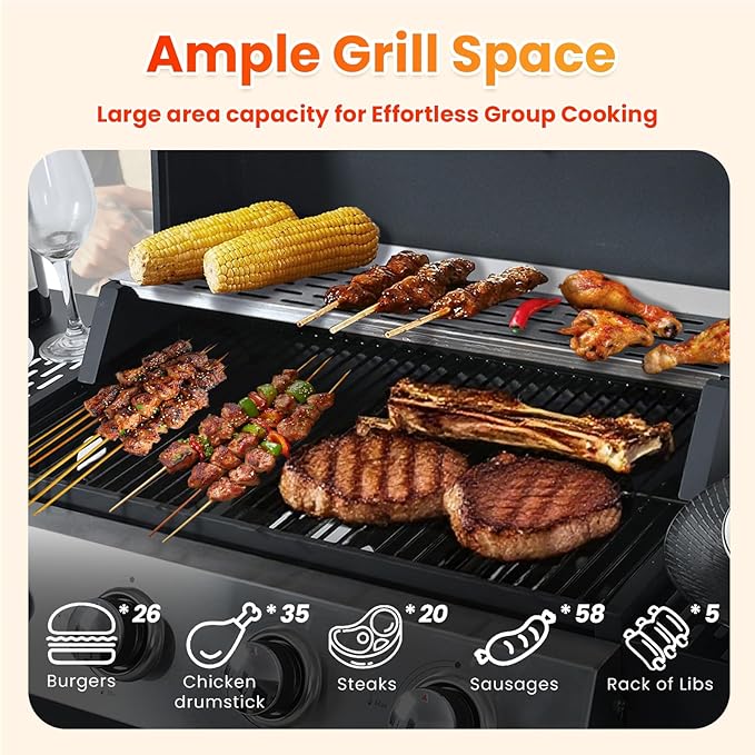 4-Burner Propane Gas BBQ Grill with Porcelain-Enameled Cast Iron Grates and 2 Foldable Side Tables, 34,000 BTU Stainless Steel Grill for Outdoor Camping Barbecue Grilling Backyard Cooking