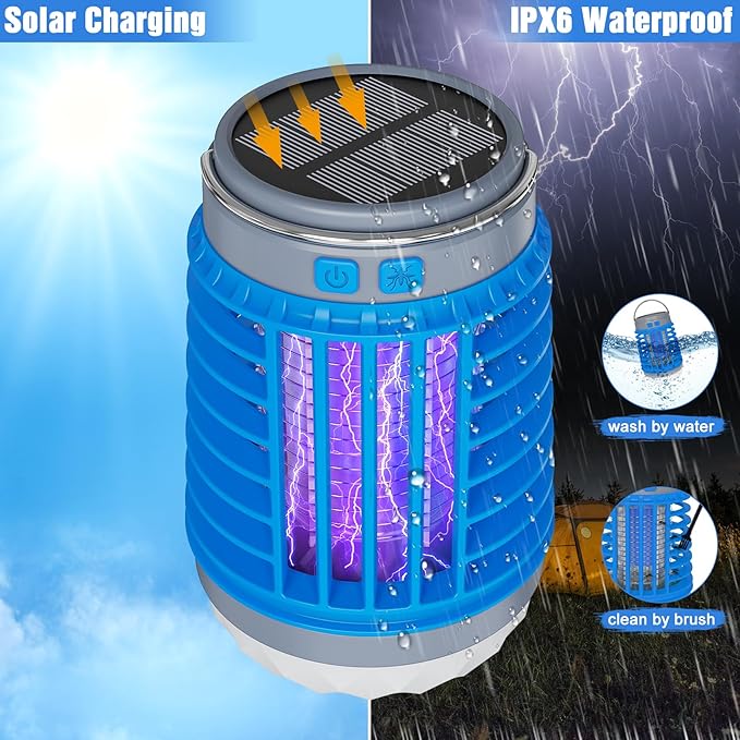 2 Pack Solar Bug Zappers Outdoor Waterproof Mosquito Zappers for Patio Home Camping, 3 in 1 Cordless Rechargeable Mosquito Repellent Outdoor Patio Flashlight, Mosquito Killer Indoor - Blue