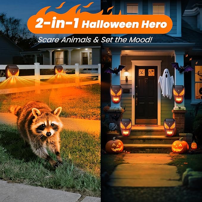 1 Pack Solar Nocturnal Animal Repeller with LED Flashing Lights, Effective Repels Deer, Coyote, Raccoon, Skunk, Fox & Hawk, Flame Predator Light for Chicken Coop, Farm, Yard & Garden