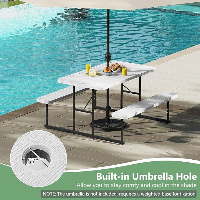 Tangkula Picnic Table, HDPE Outdoor Rectangular Table Bench Set with 2 Built-in Benches, Umbrella Hole, Metal Frame for 4 Person, Garden Yard Patio Lawn