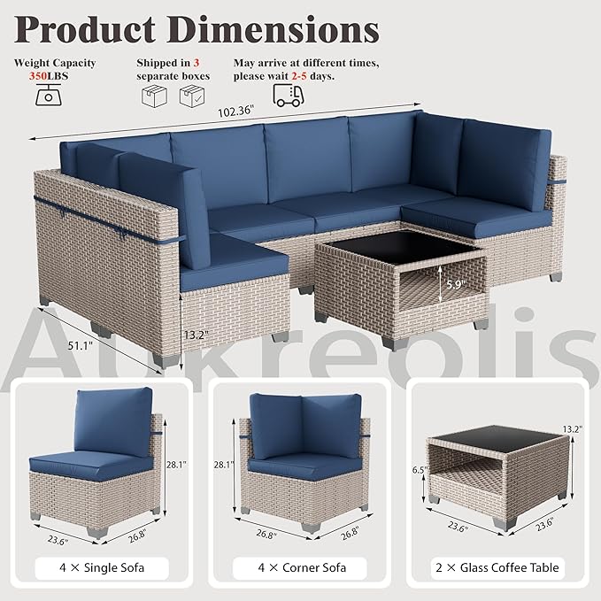 10 Pieces Patio Furniture Set, Outdoor Sectional Wicker Sofa with Thick Cushions and Storage Coffee Table, Rattan Patio Conversation Sets for Deck Yard Poolside, Navy