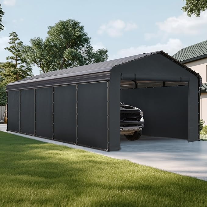 MFSTUDIO Carport 12x25 ft, Outdoor Heavy Duty Carports with Sidewalls, Metal Shed Canopy Shelters Garage Shelter Shade Car Ports with Galvanized Roof for Cars, Truck and Boats 