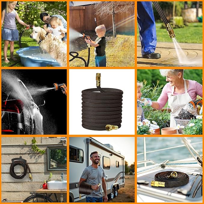 10FT Lightweight Flexible Garden Hose,Non-Slip,Solid Brass Fitting Water Hose for Boats,RV,Marine Washdown, Lawn,Gardening,Leakproof (OrangeBlack,10 FT)
