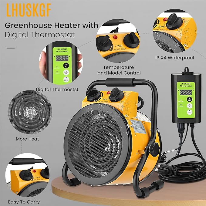 Greenhouse Heater with Digital Thermostat, Grow Tent Heaters, Overheat Protection, Fast Heating for Green House, Flower Room, YE