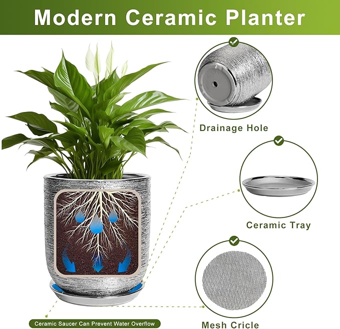 12 Inch Plant Pot - Ceramic Planter for Indoor Outdoor Plants, Modern Round Decorative Flower Pot with Drainage Hole and Saucer, Housewarming Gifts, Home Patio Decor, Silver