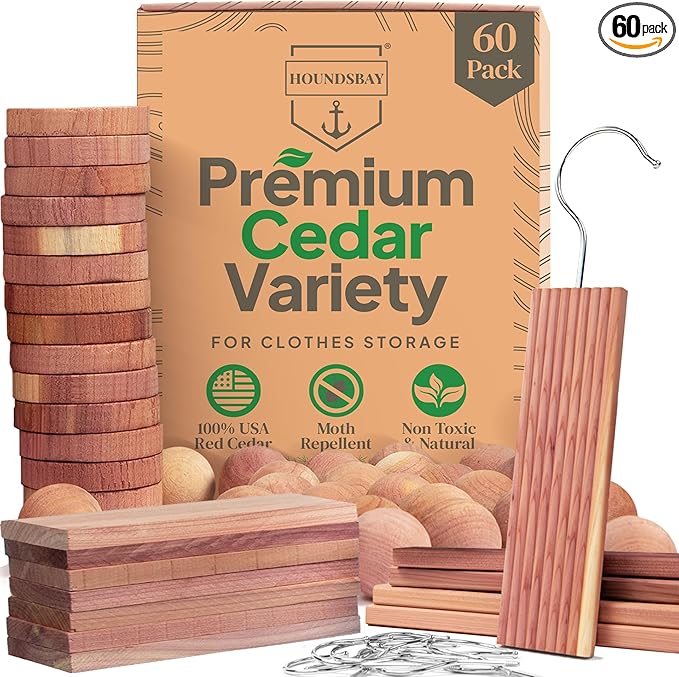 60 Variety Pack - Cedar for Closets - Cedar Balls for Clothes Storage - Cedar Closet Protection Cedar Hang-Ups - Natural Cedar Hanger Rings - Cedar Scented Balls Cedar Air Freshener for Closet