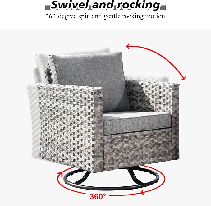HOOOWOOO 9 Piece Modular Patio Outdoor Sectional Furniture Set with Gas Propane Fire Pit Table,Wicker Conversation Sofa Set with Swivel Chairs,Outside Couch Set(Dark Grey)