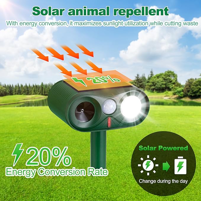 4Pack Solar Ultrasonic Animal Repeller with Strobe Light – for Gardens, Farms and courtyards Outdoor Deterrent for Raccoons, Deer, Squirrels, Cats, Skunks & Foxes
