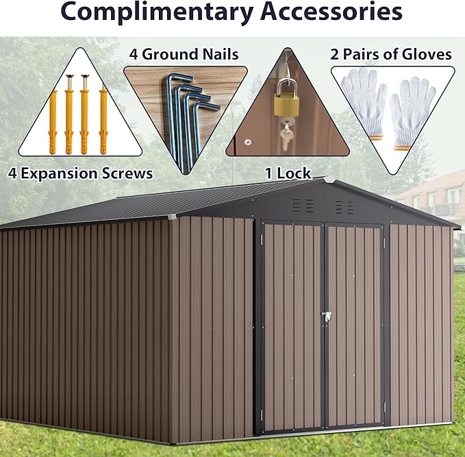 10X8 FT Outdoor Storage Shed, All Weather Metal Sheds with Lockable Doors, Tool Shed for Garden, Patio, Backyard, Lawn (Brown, 10x10ft)