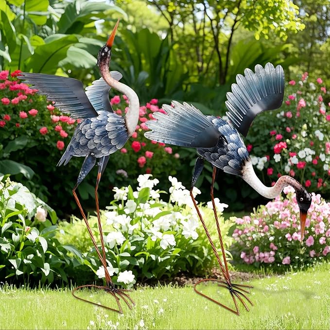 WONDER GARDEN Blue Heron Statue-Garden Statues for Outside - 2 Pack Crane Sculptures Statue, Metal Birds Yard Art for Pond, Patio, Outdoor, Porch Decor