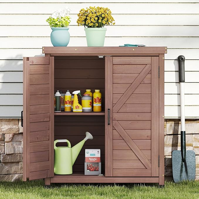 Potting Bench with Storage Cabinet and Metal Table Top for Outdoor Patio, Garden Furniture Wood Workstation (Farmhouse Brown, 31x17x36)