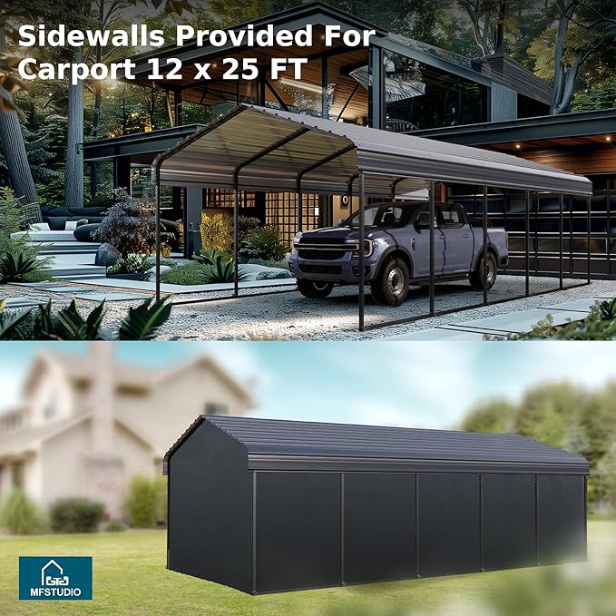 MFSTUDIO Carport 12x25 ft, Outdoor Heavy Duty Carports with Sidewalls, Metal Shed Canopy Shelters Garage Shelter Shade Car Ports with Galvanized Roof for Cars, Truck and Boats 