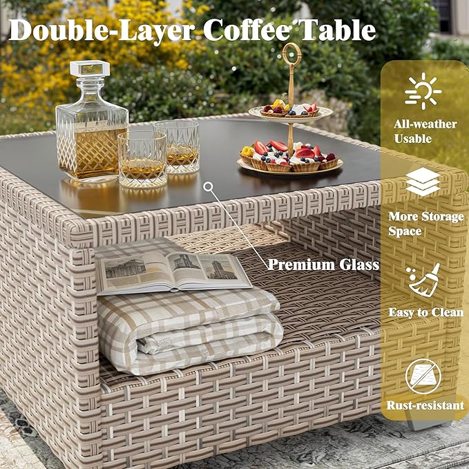 8 Pieces Patio Furniture Set with Fire Pit Table, Outdoor Sectional Wicker Sofa with Thick Cushions and Storage Coffee Table, Rattan Patio Conversation Sets, Grey