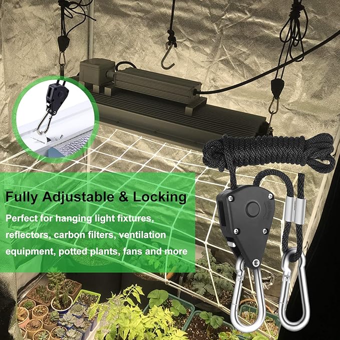 Rope Clip Hanger, 6 Packs 1/8 in Reinforced Adjustable Height Anti-Loose Design Gears Clip for Growing Light Fixtures, Hanging Plants, 8 FT Length 150lbs Weight Capacity