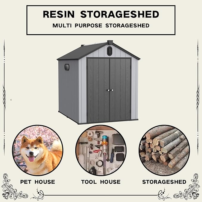 6x8 FT Outdoor Storage Shed with Hinge Door,Window & Air Vent,Outdoor Plastic Tool House W/Waterproof Tilted Roof,Heavy Duty Stroage Unit for Backyard,Patio,Lawn,Garden,Grey+Black