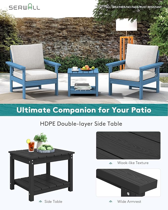 SERWALL HDPE Patio Sofa Set, 3-Piece Sectional Outdoor Furniture Set, All Weather Outdoor Couch Set Patio Furniture Set for Deck, Lawn, Blue Frame with Khaki Cushion