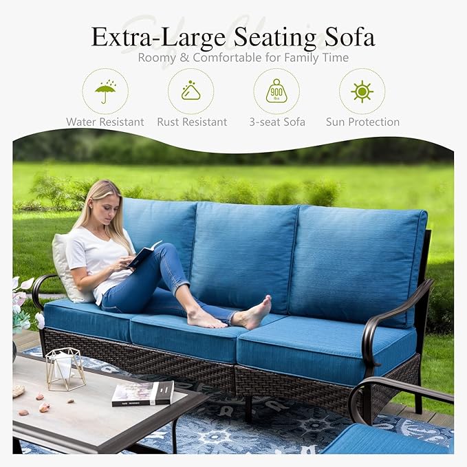 Sophia & William Patio Furniture Set, 4 Piece Metal Outdoor Conversation Set with 3-Seater Outdoor Couch, 2 Swivel Chairs, 1 Coffee Table for Outdoor Seating, Backyard, Porch(Navy Blue)