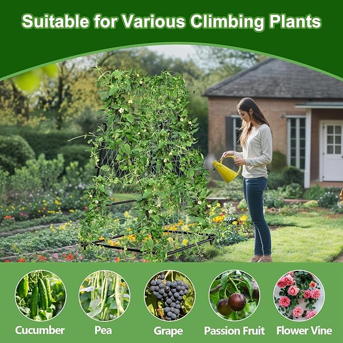 unho Garden Trellis for Climbing Plants with Tough Nylon Netting, 6ft Tall Sturdy Rustproof Metal Plant Support Tower for Vegetable Fruit Vine Cucumber Garden Lightweight,Outdoor