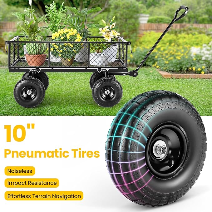 Garden Cart, Heavy Duty 880 Lbs Capacity Mesh Steel Garden Cart with Removable Sides to Convert into Flatbed, Utility Metal Wagon with 180° Rotating Handle and 10 in Tires, Black
