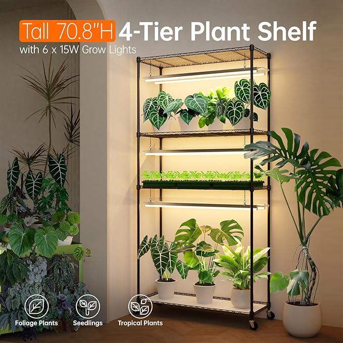 Plant Shelf with Grow Light with Timer, Tall Plant Stand with Adjustable Rack and Wheels, 6 Pack T5 3FT Full Spectrum Grow Lights for Indoor Plants, Seed Starting, Seed Tray, 35.4"x13.8"x70.8"