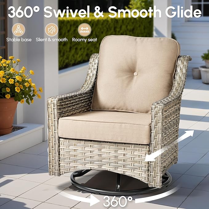 5 Pieces Patio Outdoor Furniture Set with Swivel Rocking Chairs,All Weather Wicker Rattan Patio Seating Sofa and Chair Set w/Glowing Table,Outdoor Conversation Sets for Deck Yard Garden,Beige