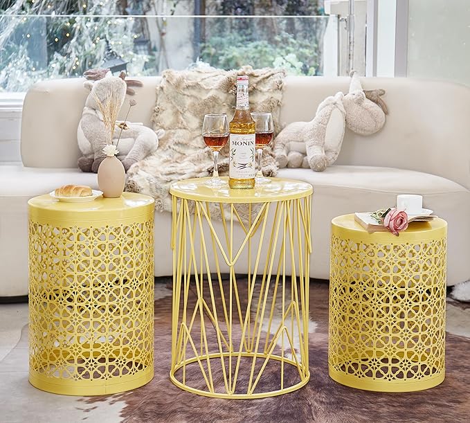 HFHOME Set of 3 Metal Side End Tables Nightstand, Nesting Round Coffee Table for Indoor Outdoor, Heavy Duty Metal Plant Stand Living Room Garden Stool - Yellow