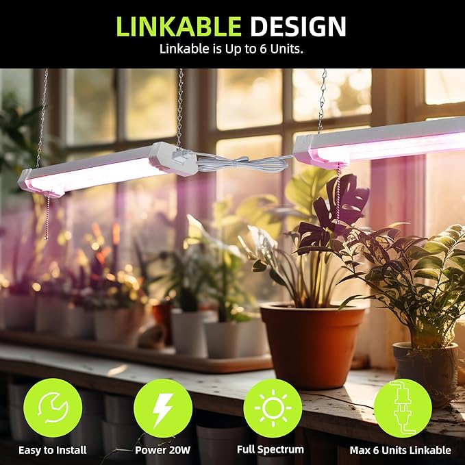 Hlite16inch Adjustable Full Spectrum Plant Growing Lamps- Linkable Grow Lights for Indoor Plants Plug and Hanging Design with On/Off Switch Hanging Grow Light from Seedling to Flowering,White