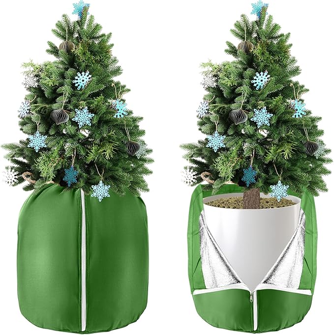 2 Pcs Plant Pot Winter Covers Protection - Potted Plant Freeze Protection Frost Jacket with Zipper Drawstring to Keep Outdoor Plants Flowers Shrubs Trees Warm (17.7" D x 19.7" H - Green)